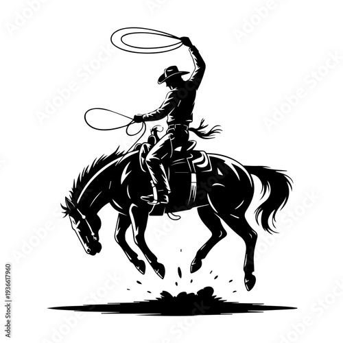 Vector Cowboy Silhouette Riding Bucking Horse in Action Holding Lasso Western Rodeo Dynamic Vintage Style