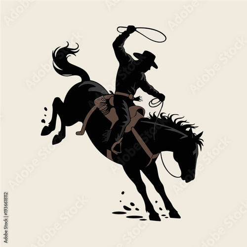 Vector Cowboy Silhouette Riding Bucking Horse in Action Holding Lasso Western Rodeo Dynamic Vintage Style