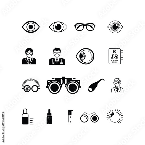 Eye Care and Ophthalmology Icons Set – Vision Test, Glasses and Optometry Line Icons Vector