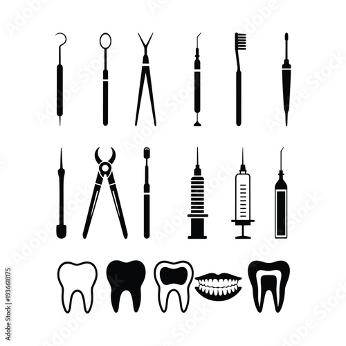 Dental Instruments and Tooth Icons Set – Dentistry Tools Silhouette Vector Collection