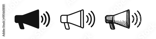 Megaphone with sound waves icon set. Announcement, marketing, and communication symbols in different styles.