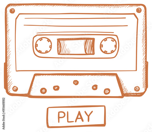 Hand-drawn retro cassette tape sketch with a play button icon, evoking vintage audio and analog music nostalgia. Ideal for mixtape culture, creative posters