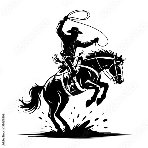 Vector Cowboy Silhouette Riding Bucking Horse in Action Holding Lasso Western Rodeo Dynamic Vintage Style