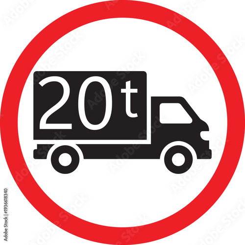 Weight limit road sign vector illustration, 20t maximum gross weight restriction for heavy vehicles
