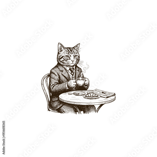 Vintage engraving style illustration of an anthropomorphic cat in a suit sitting at a cafe table drinking coffee and eating a croissant, perfect for whimsical editorial design