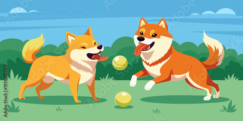 Females Shibas Inus playing while fighting over a tennis ball that they hold in their mouths in a meadow on a breeding dog farm. Canis familiaris, Sologne, Loiret 45, région Centre, France
