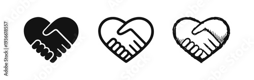 Handshake in heart icon set. Partnership, agreement, love, and trust symbols in multiple styles.
