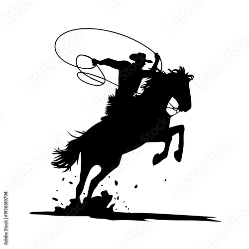 Vector Cowboy Silhouette Riding Bucking Horse in Action Holding Lasso Western Rodeo Dynamic Vintage Style