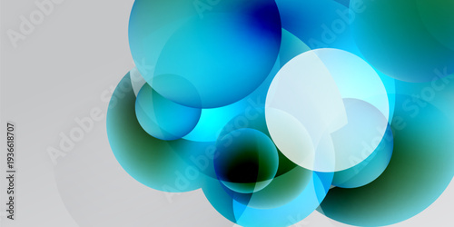 Abstract circles overlap, creating vibrant blue, teal, white gradients. Dark background emphasizes luminosity, soft edges suggest movement.