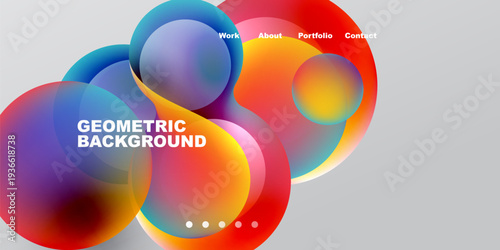 Abstract colorful shapes overlap. Gradient hues create dynamic visual effect. Text labels present work, about, portfolio, contact options.