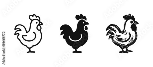 Rooster and Chicken Icon Set - Farm Animal and Agriculture Symbols