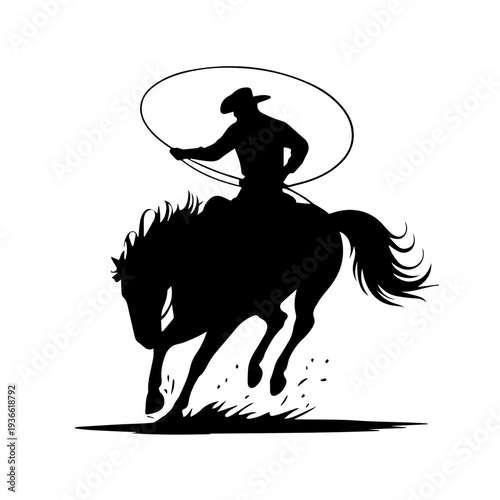 Vector Cowboy Silhouette Riding Bucking Horse in Action Holding Lasso Western Rodeo Dynamic Vintage Style
