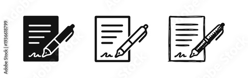 Document with pen and signature icon set. Contract, agreement, paperwork, and approval symbols in various styles.