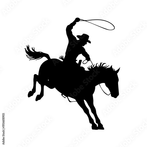 Vector Cowboy Silhouette Riding Bucking Horse in Action Holding Lasso Western Rodeo Dynamic Vintage Style