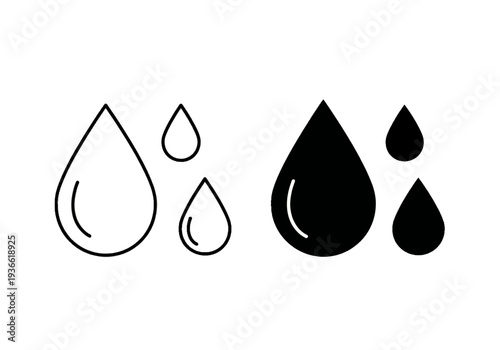 A set of stylized water droplets depicted in simple black line art and solid fill illustrations on a clean background viewed from directly above.