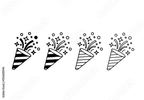 Four party poppers exploding with confetti and streamers in a row illustration graphic design element isolated on a simple background