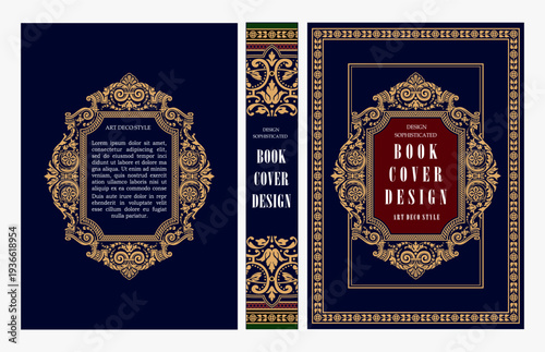 Classic vintage book cover and spine design with Art Deco, Baroque, Art Nouveau and Victorian ornaments. Elegant decorative frame, luxurious retro style for publications, posters and artistic layouts
