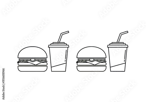 A simple line drawing of burgers and drinks with straws on a neutral background from a straightforward viewpoint perfectly centered