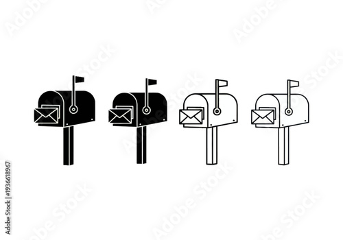 Four mailboxes with flags up and down in a row on white background, line art illustration.