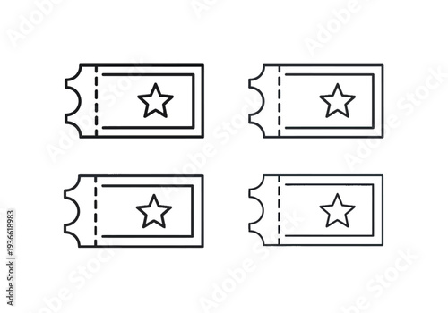 Four identical black and white ticket stubs with a star icon, lined up in two rows against a plain white background, viewed from directly above