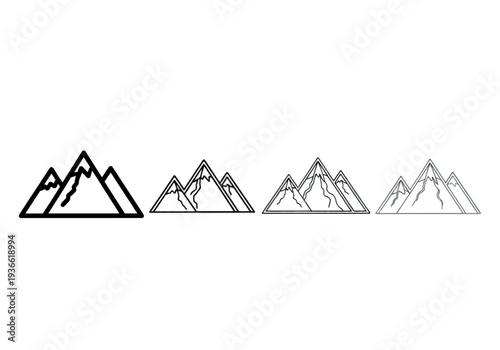 A series of mountain ranges depicted in various line art styles from solid to transparent, showcasing different illustration techniques and visual effects in a landscape view.