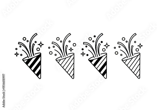 Four party blowouts exploding with confetti and stars in a festive illustration on a clean background from a straightforward viewpoint.