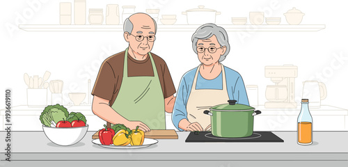 Senior couple cooking together in kitchen preparing healthy meal home lifestyle flat vector illustration