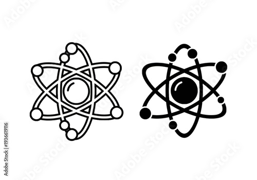 Atomic structures illustrated in simple black line art on a clean white background viewed from a straightforward perspective