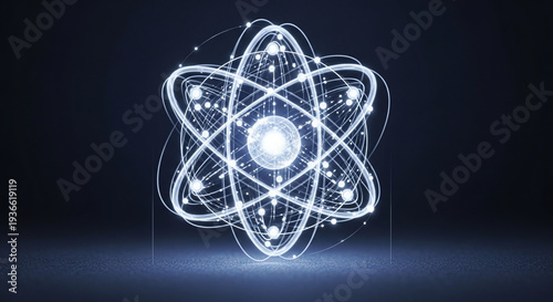 Atom structure illustration with orbiting electrons and nucleus in a futuristic digital representation