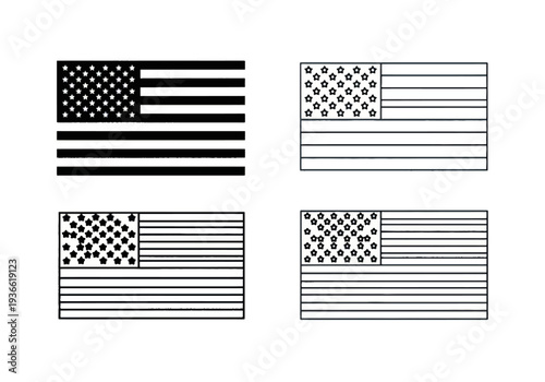 Four variations of the American flag with patterned and solid elements displayed on a clean white background from a straightforward viewpoint