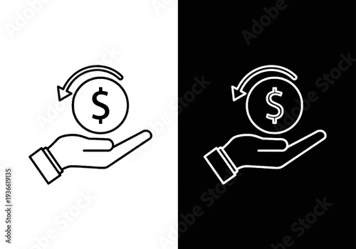 Hand holding dollar coin with recycling symbol above it on transparent background viewed from directly above with financial transaction theme