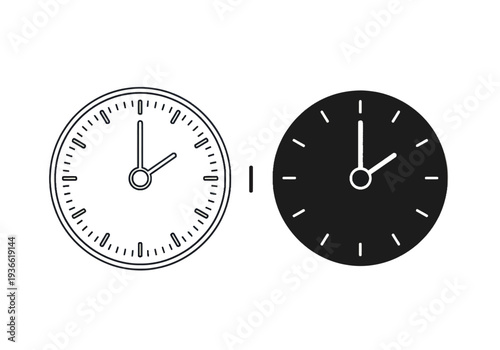 Black and white clock faces with hour and minute hands displayed side by side on a clean background from a straightforward viewpoint