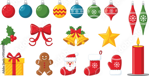 Christmas decoration collection with ornaments bow gift candle star and holiday elements flat vector illustration set