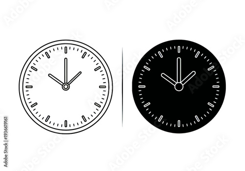 A pair of clocks, one white and one black, are displayed side by side on a neutral background from a straightforward front viewpoint