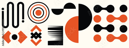 Vibrant abstract composition featuring geometric shapes and bold color contrasts in black and orange hues