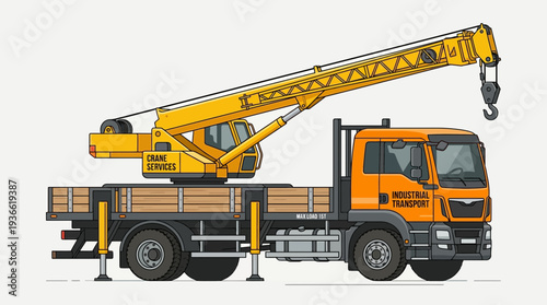Yellow mobile crane truck with extended boom and hook on neutral background