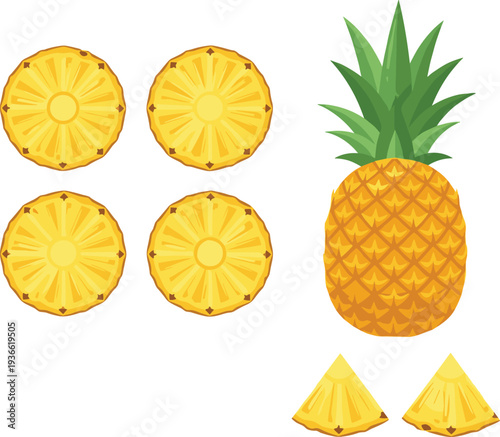 Pineapple fruit whole slices and pieces tropical fresh food ingredient flat vector illustration set