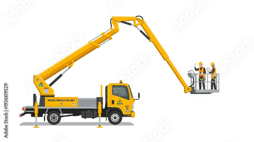 Construction workers in aerial platform lift truck with extended boom arm