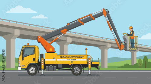 Crane truck inspecting elevated highway structure with worker in basket