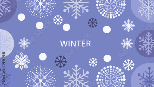 Winter themed background with snowflakes and circular patterns in blue