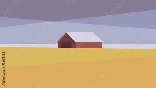 Minimalist landscape featuring a solitary red barn in a flat field