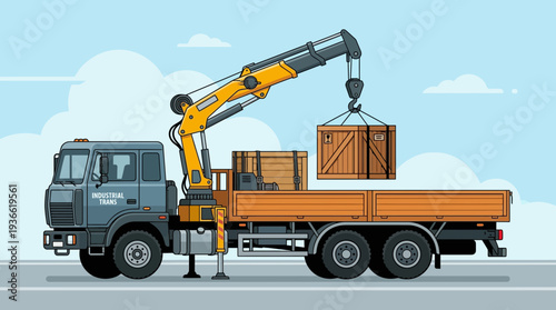 Crane truck lifting wooden crate, logistics, construction, delivery