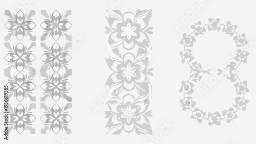Floral patterns and designs in grayscale arranged in columns and a wreath