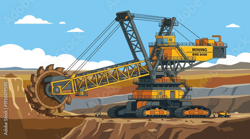 Giant bucket wheel excavator in open-pit mine, earthmoving machinery, industrial equipment