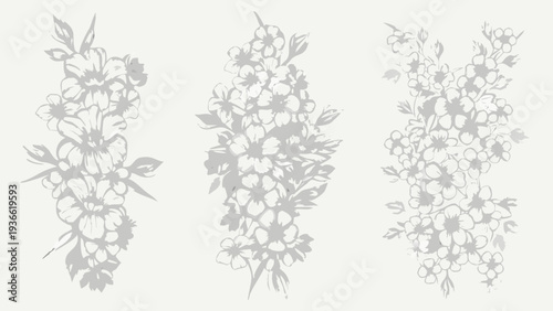 Elegant floral arrangements in grayscale depicting delicate botanical silhouettes