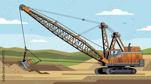 Large orange dragline excavator digging in a quarry under a blue sky