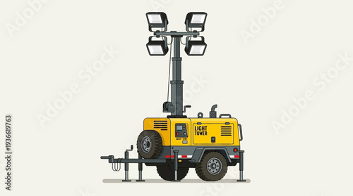 Mobile lighting tower with four floodlights on a trailer, yellow construction equipment