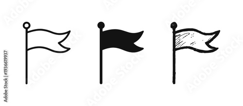 Flag icon set in outline, solid, and hand-drawn doodle styles