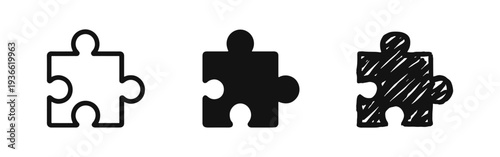 Puzzle piece icon set in outline, solid, and hand-drawn doodle styles