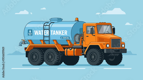 Water tanker truck illustration with blue tank and orange cabin on a road
